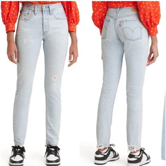 NEW Levi’s 501 Skinny Jeans High Rise Light Wash Distressed Cotton Womens 32/28L - Picture 1 of 5